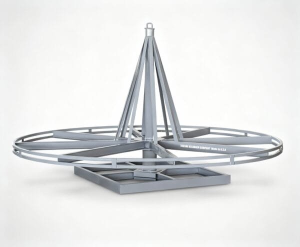 Heavy-duty steel duct decoiler stand for HDPE and micro duct coils, made in Saudi Arabia by TASSNE ALLADAEN COMPANY. Used for smooth uncoiling of plastic ducts during installation.